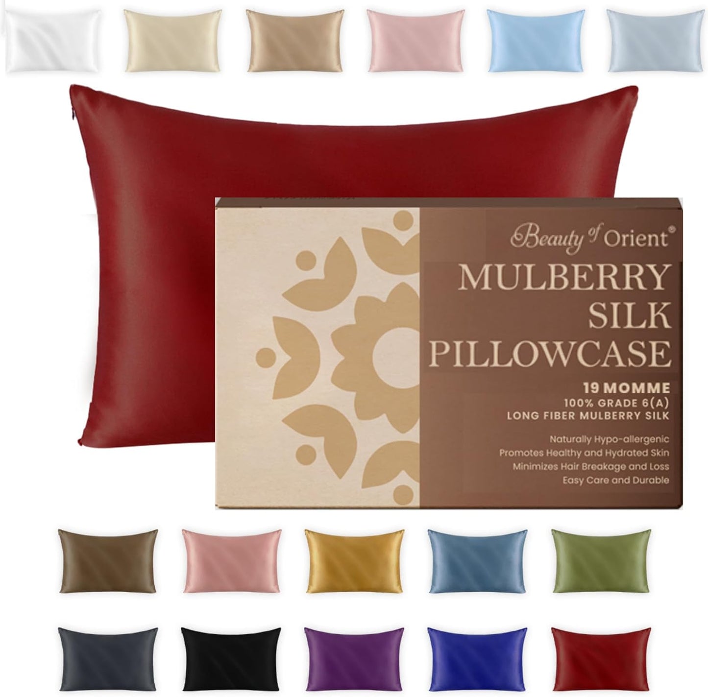 19 Momme Premium Mulberry Silk Pillowcase for Hair and Skin | Handcrafted Hypoallergenic & Anti-Acne 100% Silk Pillow Cases with Zipper | King - 20" x 36", Red Velvet