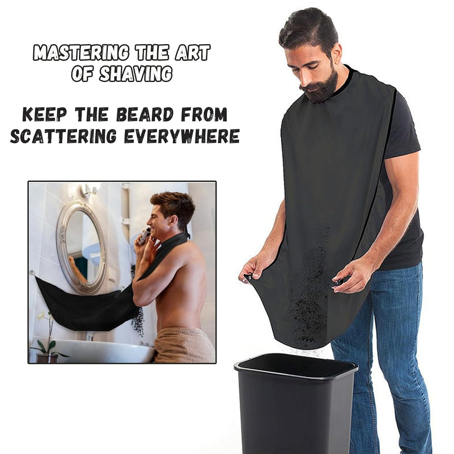 2-piece set Men's Beard Shaping Tool+Beard Bib，Non-Stick Material Beard Apron，for Styling and Trimming Black
