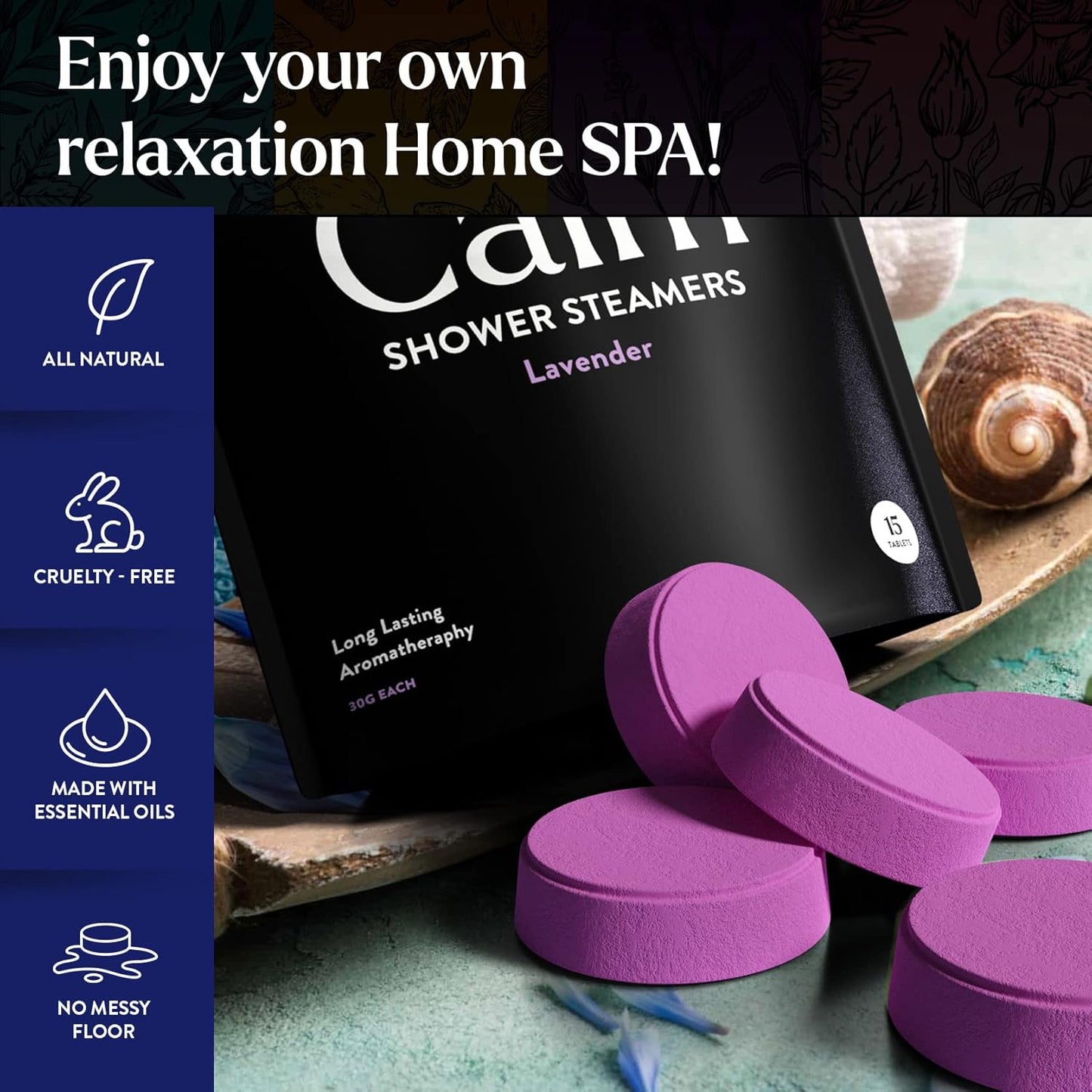 Miracle Made Lavender Aromatherapy Shower Steamers – Essential Oil Shower Bombs for Relaxation, Nasal Relief & Daily Self-Care – 15 Shower Melt Tablets