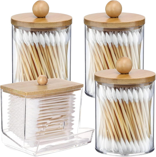 AXX Qtip Dispenser Apothecary Jars Bathroom - Qtip Holder Storage Canister Clear Plastic Jar for Cotton Swab,Q-Tips,Cotton Rounds (E#Bamboo 4Pcs)