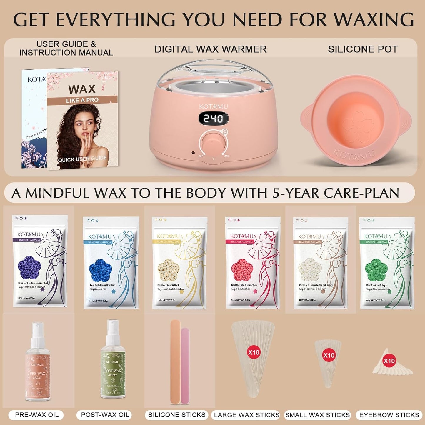 KOTAMU Wax Warmer, Waxing Kit for Women Men Hair Removal, Digital Waxing Machine for Face Eyebrow Bikini Brazilian Leg Body &Sensitive Skin, Pink Wax Kit With 44 Accessories for Home Salon Use