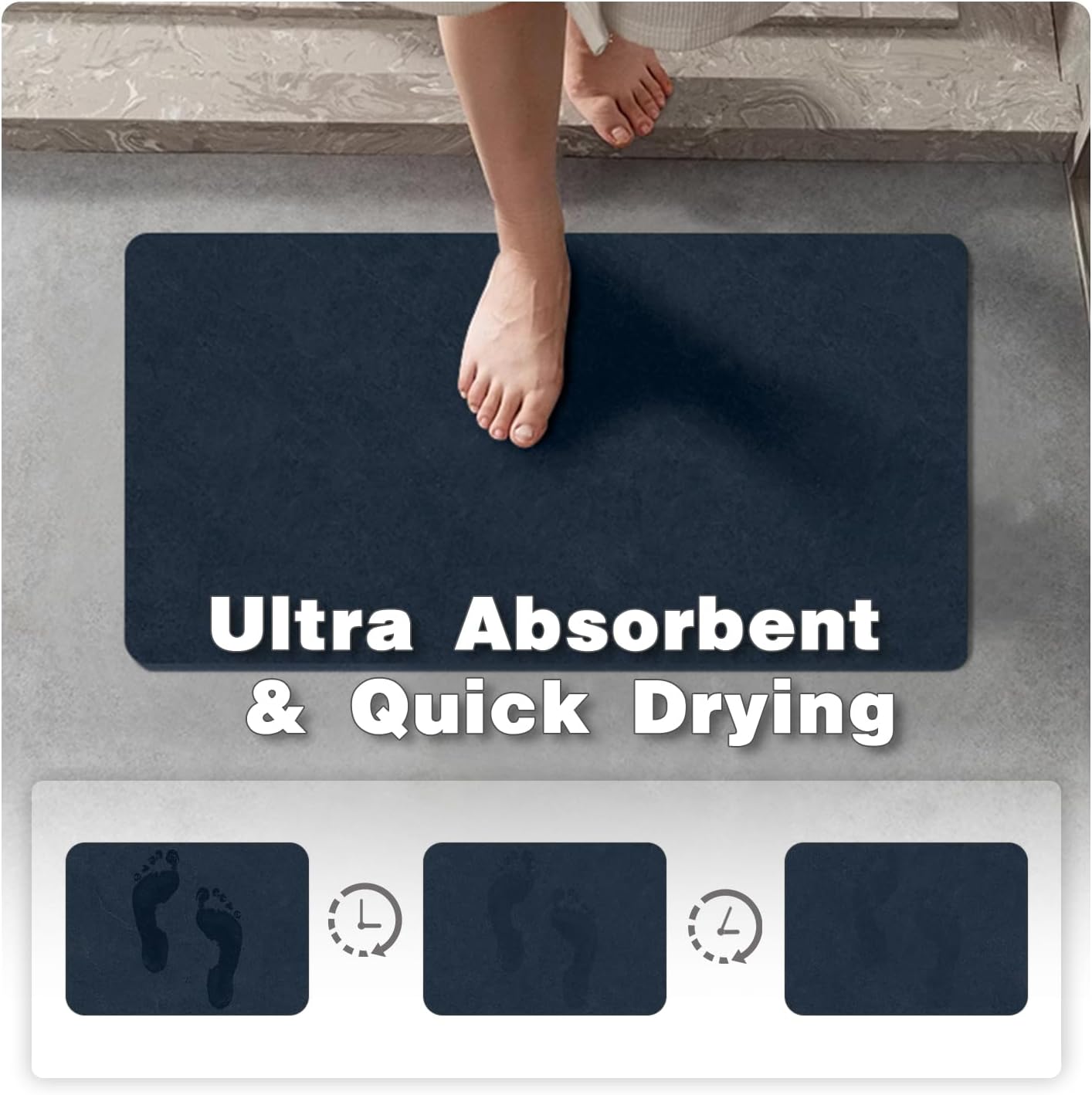 Bathroom Mat Quick Dry, Bathroom Rugs Non Slip Washable Thin Absorbent Bath Mat Fits Under Door Bathroom Floor Mat Perfect for Bath, Shower, or Sink 24"x70" Navy Blue