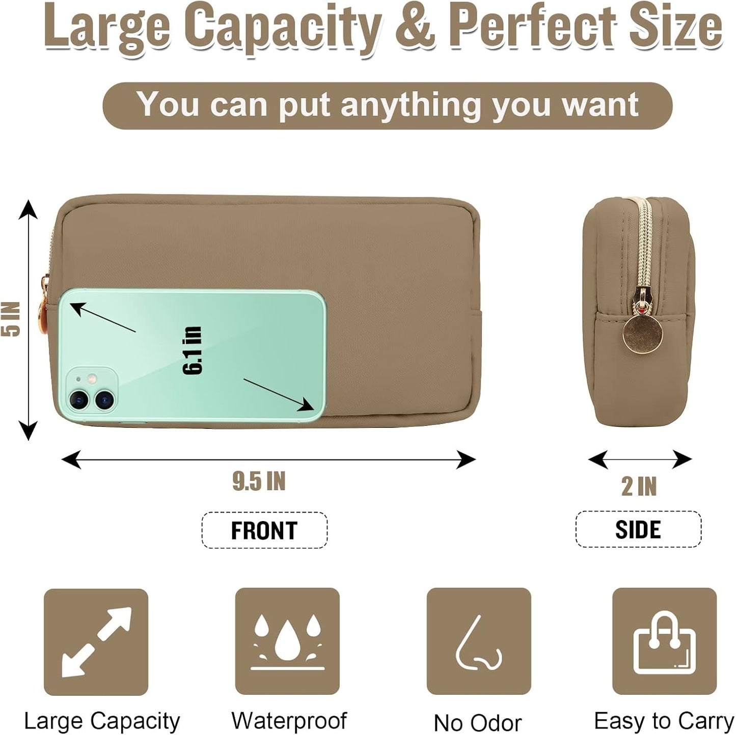 Nylon Small Makeup Bag for Purse, Preppy Cute Makeup Bag Cosmetic Zipper Pouch Purse, Waterproof Portable Travel Toiletry Bag Clutch Make Up Brush Bag Organizer Storage for Women Men Girls(Khaki)
