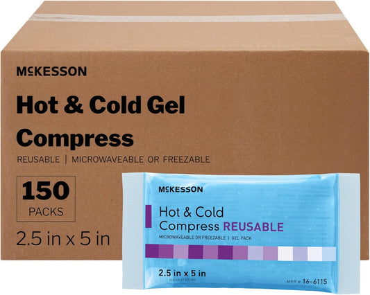 McKesson Cold and Hot Compress Reusable [150 Pack] Gel Ice Hot Packs for Injuries, 2.5 in x 5 in