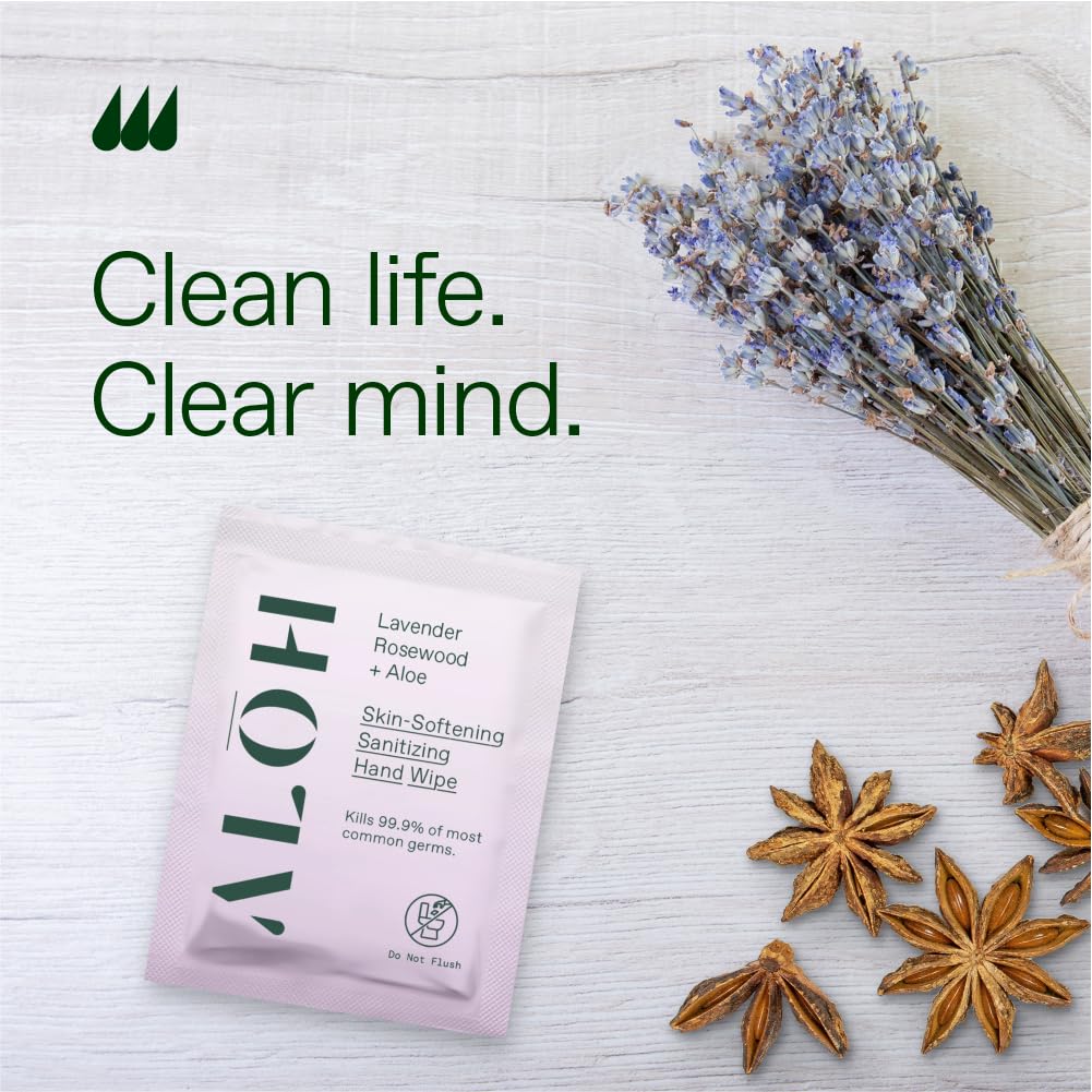ALŌH Skin- Softening Sanitizing Hand Wipes – Lavender Rosewood + Aloe- 4 boxes of 20ct Individually Wrapped Wipes (80 Wipe)