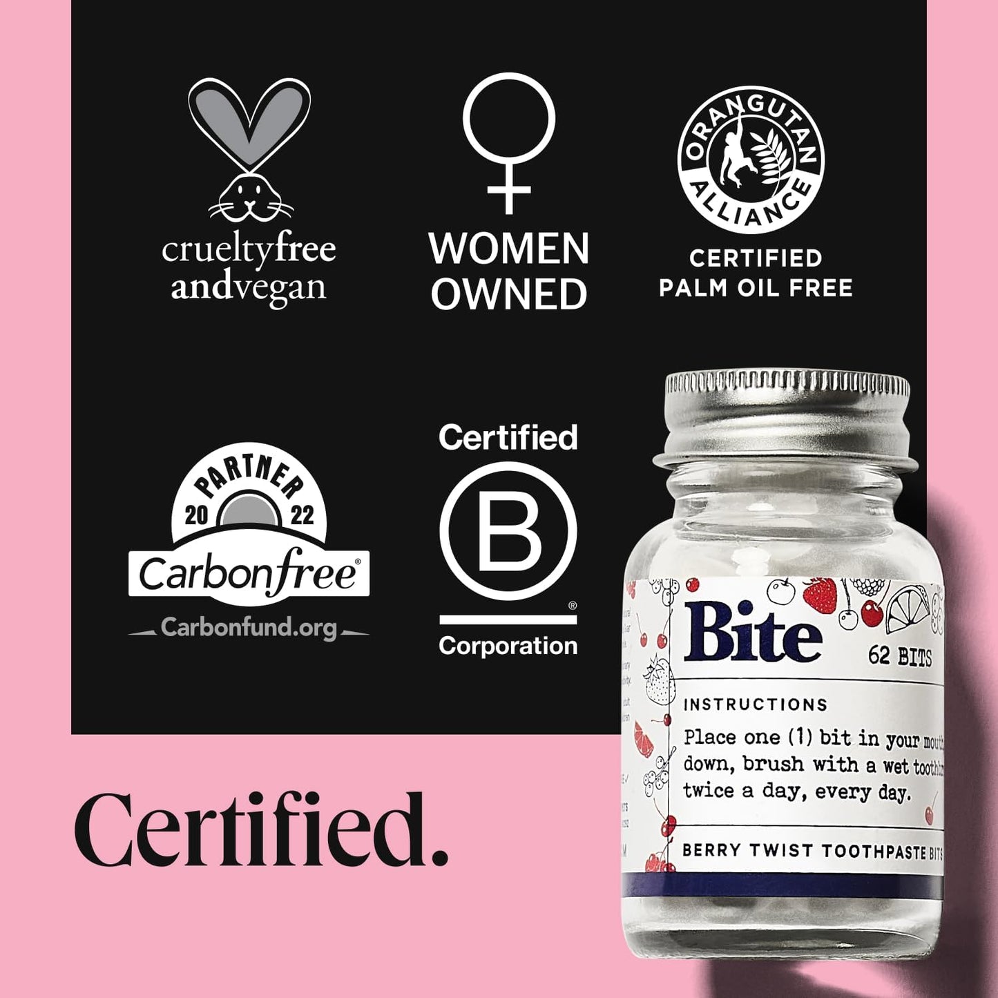 Bite Whitening Toothpaste Tablets – Nano Hydroxyapatite & Xylitol (Berry Twist) | Sensitive Teeth & Kid-Friendly | No Fluoride, Vegan, Cruelty-Free | Travel-Size | 2 Bottles (124 Bits) | Made in USA