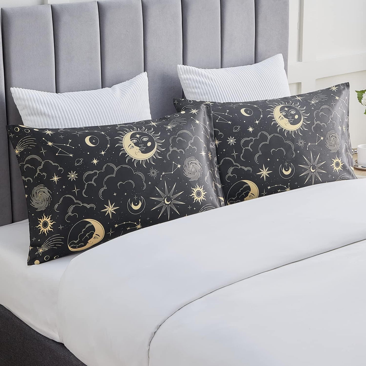 EXQ Home Satin Pillowcase for Hair and Skin - Black Printed Silk Pillowcase 2 Pack 20x26 inches - Standard Satin Pillow Cases Set of 2 with Envelope Closure, Gifts for Women Men