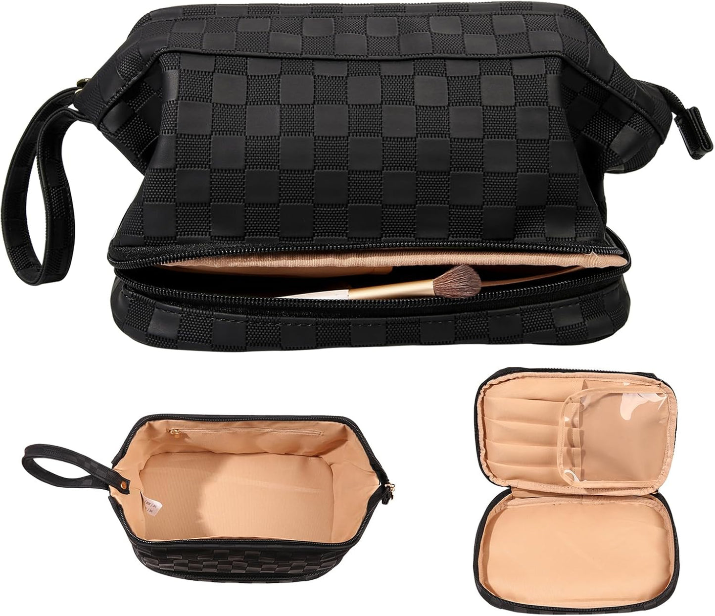 Abiudeng Large Capacity Makeup Bag Ladies Cosmetic Bag Travel Bag with Compartments Portable PU Leather Travel Makeup Bag with Handle