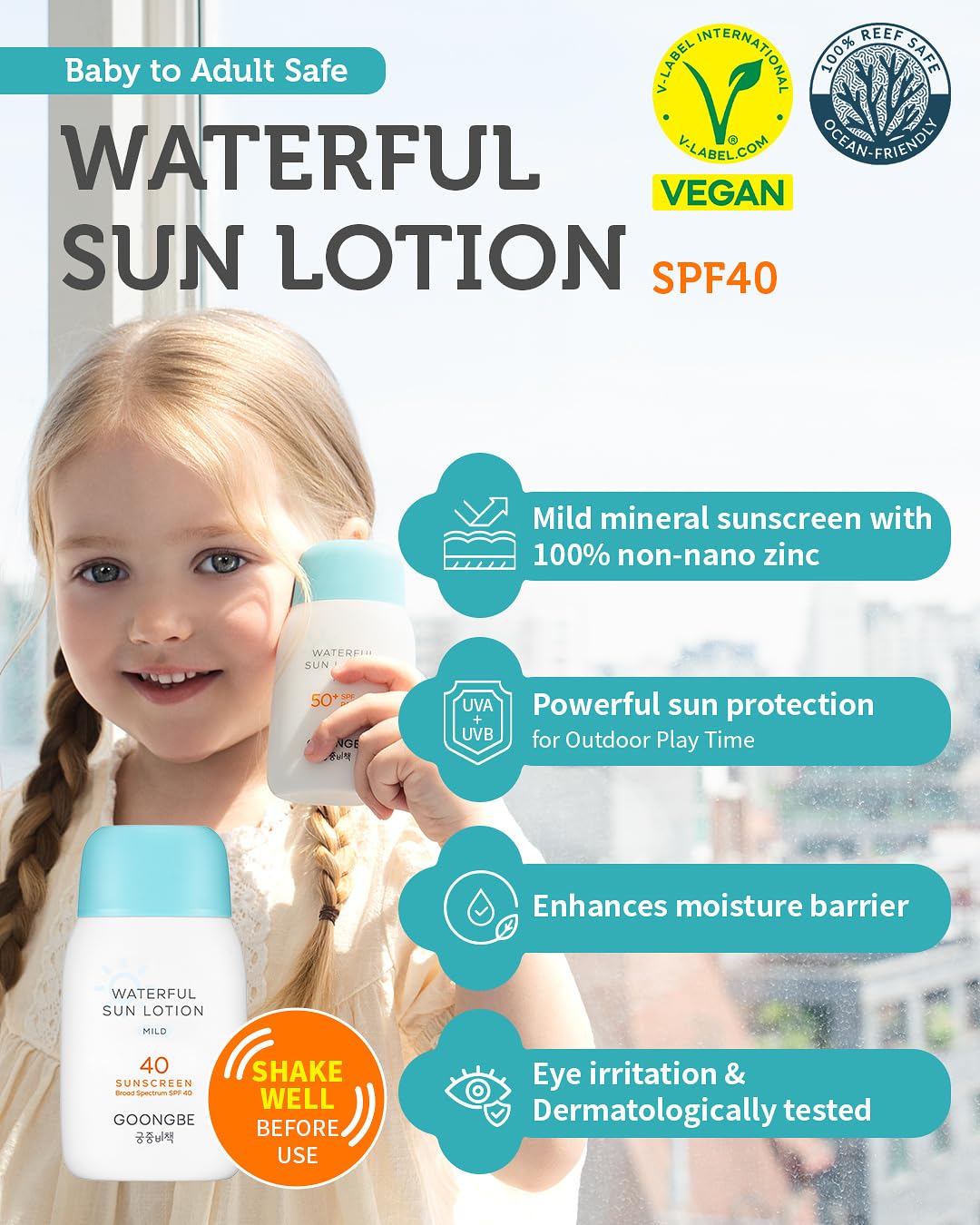Kids Sun Lotion SPF 40 & Cooling Gel Cream - Zinc Oxide Mineral Sunscreen & 3-Second Soothing Relief - Korean Skincare for Sensitive Skin - Vegan Hypoallergenic, 2.82oz & 3.38oz