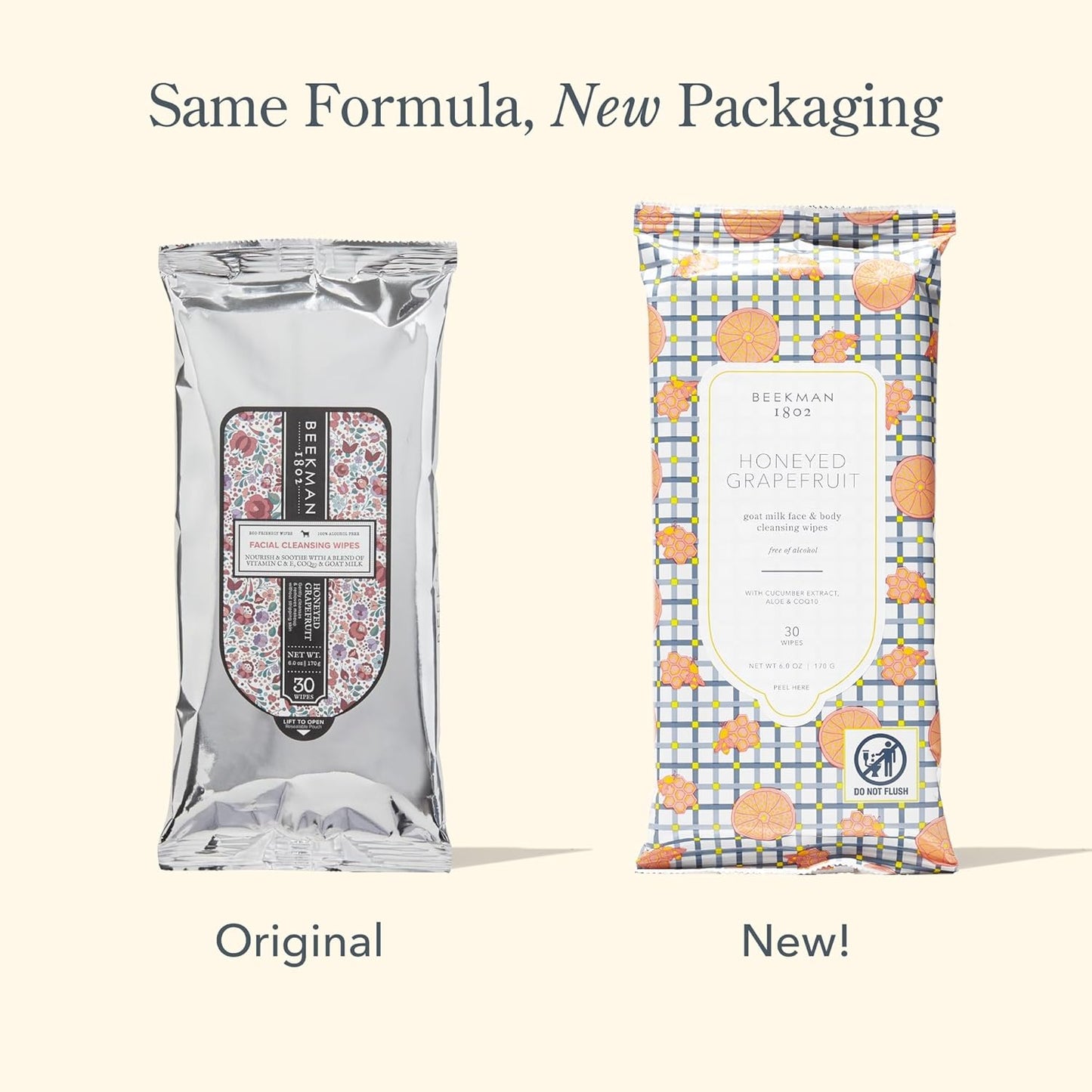 Beekman 1802 Face & Body Wipes, Honeyed Grapefruit - Scented - 30 Count - Cleanses - With Goat Milk, Aloe & Vitamin E - Alcohol Free, Biodegradable - Packaging May Vary