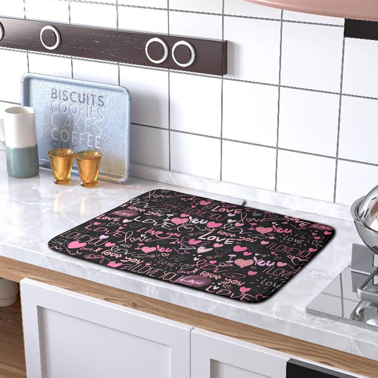 Mother's Day Dish Drying Mat for Kitchen Counter Love Heart Black Drying Mats Absorbent Reversible Microfiber Dish Pad Washable Dish Draining Mat Extra Large 16x18 inch