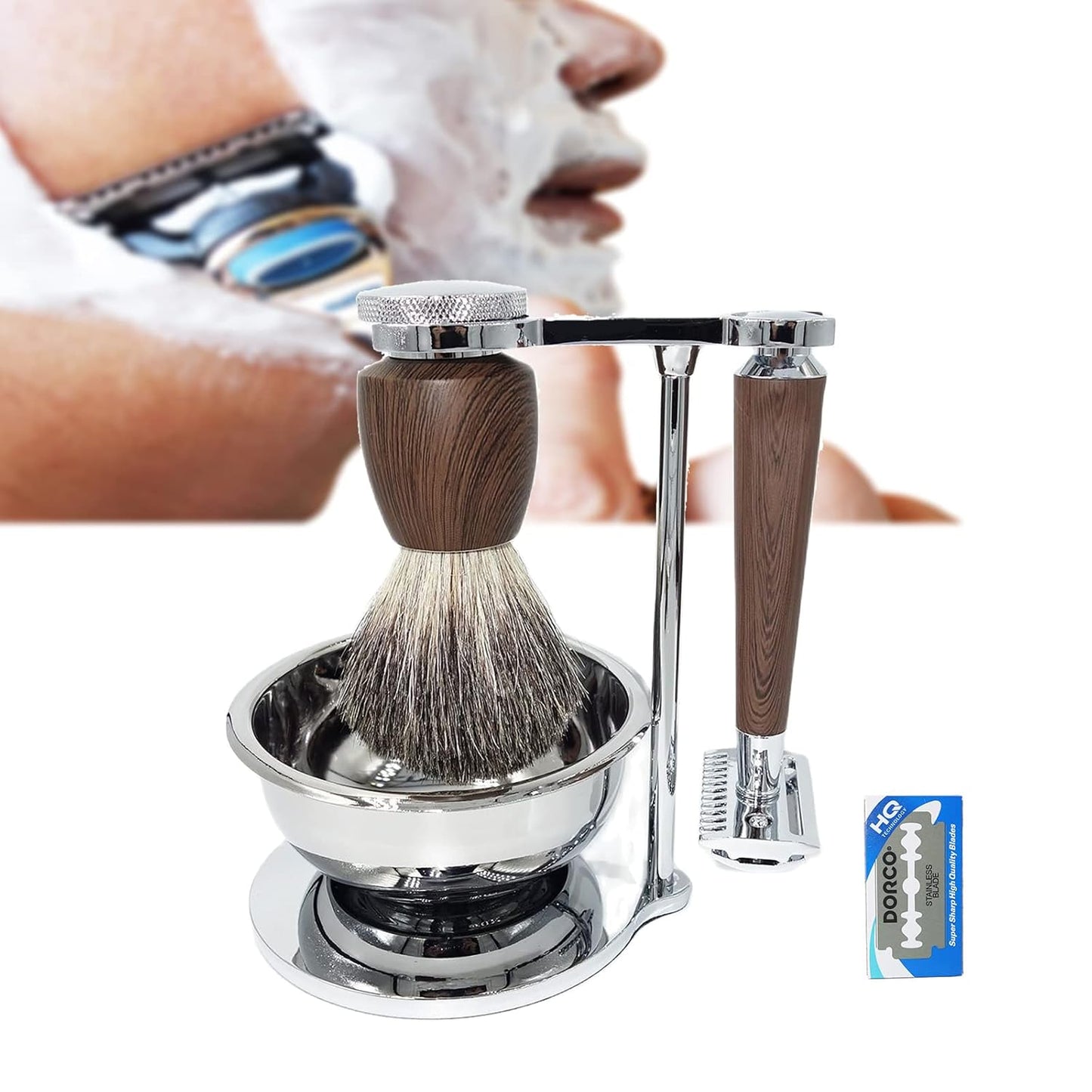 Professional Shaving Set for Men,Include Wet Shave Beard Safety Razor,10 Razor Blades,Rosewood Grain Handle Badger Hair Salon Shave Brush and Bowl Stand -Unique Gift for Father's Day