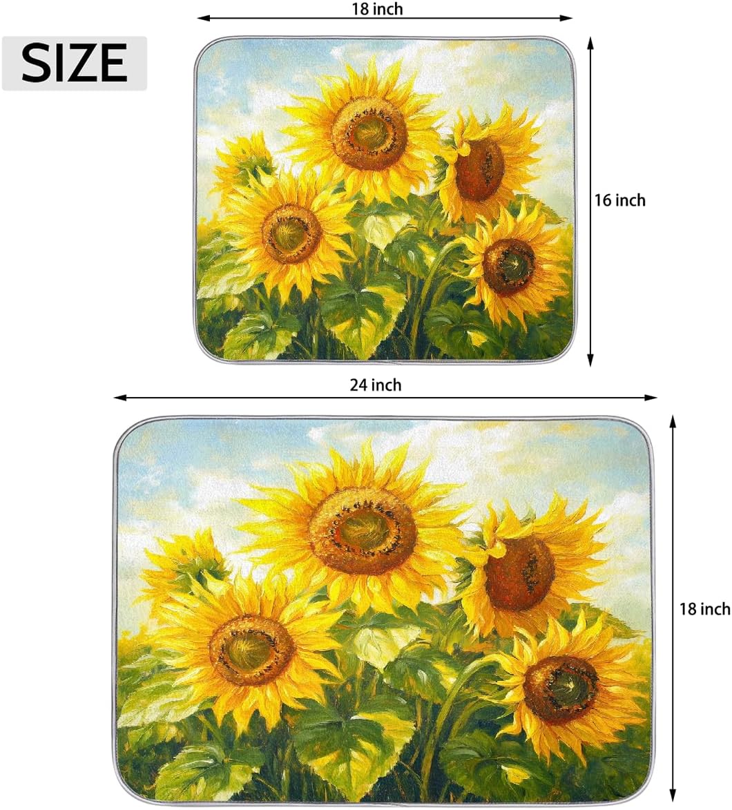 Dish Drying Mat Oil Painting Yellow Sunflowrs Large Drying Mat for Kitchen Counter 18x24in Absorbent Dish Drainer Rack Pad, Heat Resistant Coffee Bar Mats Countertop Protector