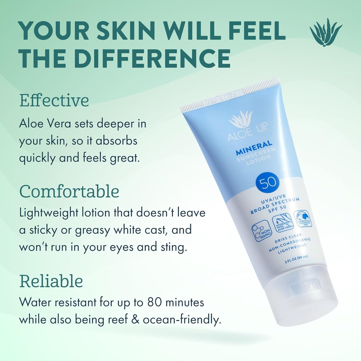 Aloe Up Mineral Sunscreen Lotion SPF 50 - Broad Spectrum UVA/UVB Sunscreen Protector for Face and Body - With Gen2 Zinc Oxide & Aloe Vera Gel - Dries Clear - Reef Safe - Coco-Mango Fragrance - 3 Oz.