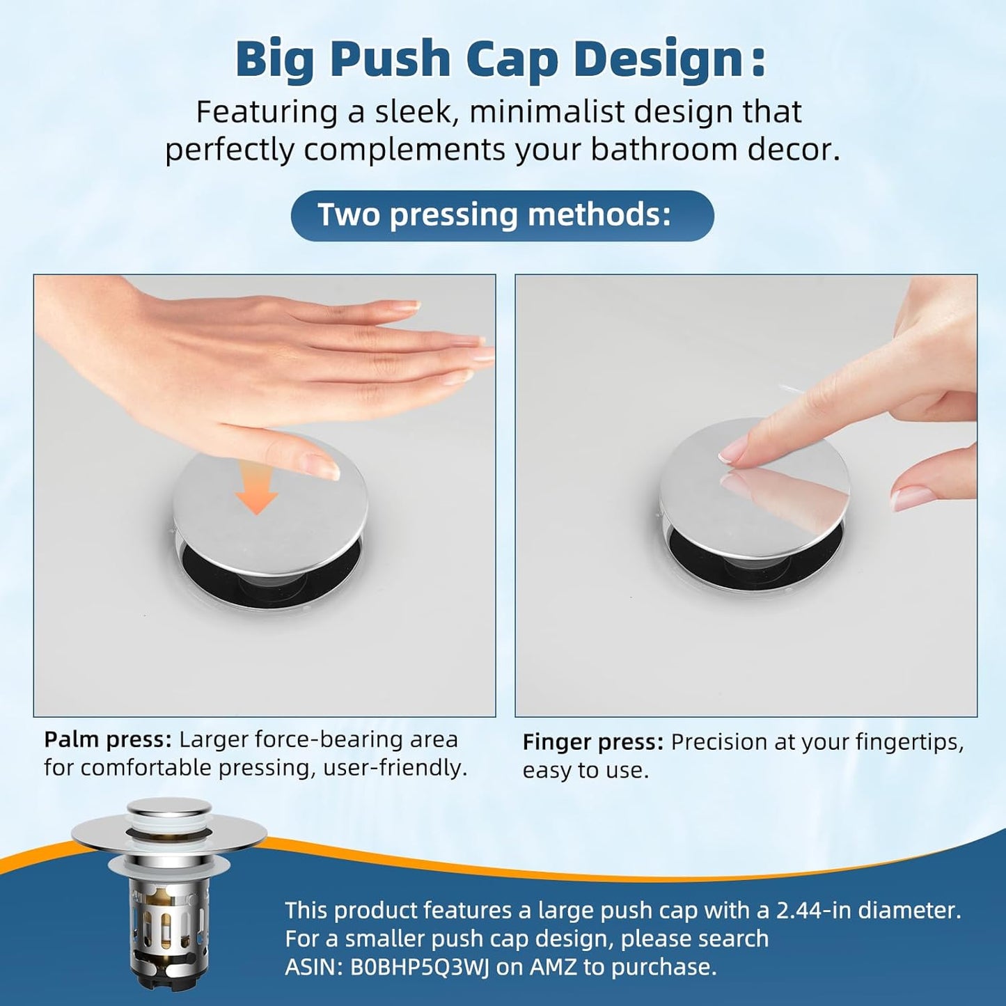 Hibbent Upgraded 3 in 1 Bathroom Sink Drain Strainer, Universal Pop Up Sink Stopper with Big Push Cap, Anti-Clogging Metal Filter Basket,Sink Plug with Hair Catcher for 1.1''~2.36'' Basin, Chrome