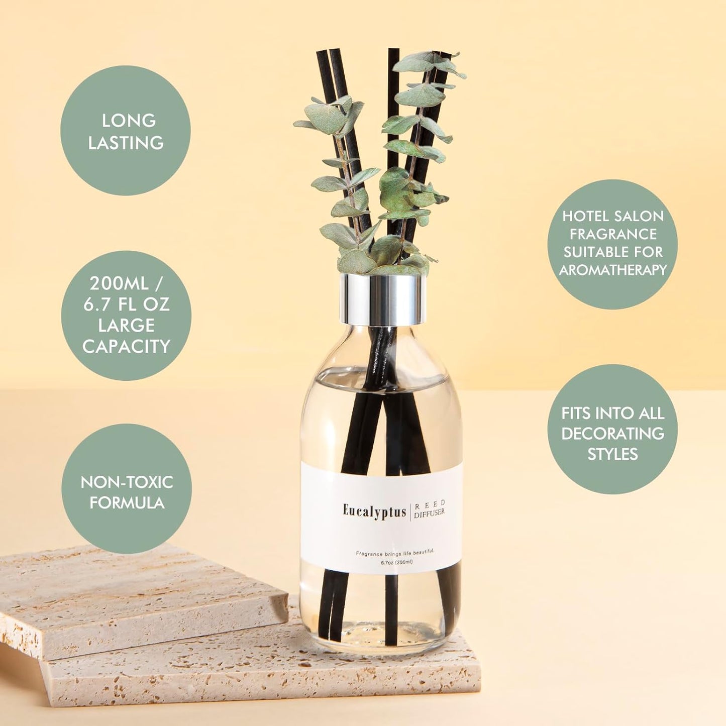 Clesh Reed Diffuser Set, 6.7 oz Eucalyptus Scented Diffuser with Sticks, Home Fragrance Reed Diffuser for Bathroom Shelf Decor