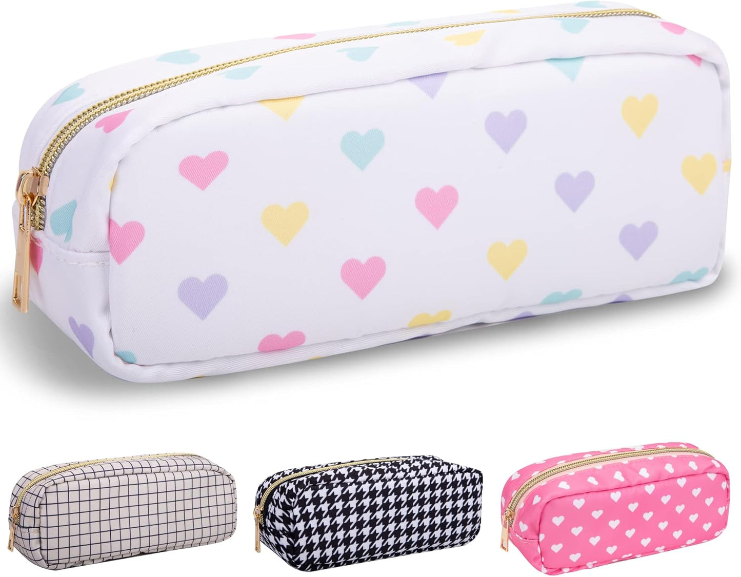 Nylon Small Makeup Bag, Slim Pink Makeup Brush Case, Preppy Cosmetic Zipper Pouch for Purse, Travel Toiletry Bag Clutch Coin Pouch Makeup Organizer for Women Girls (White Heart)