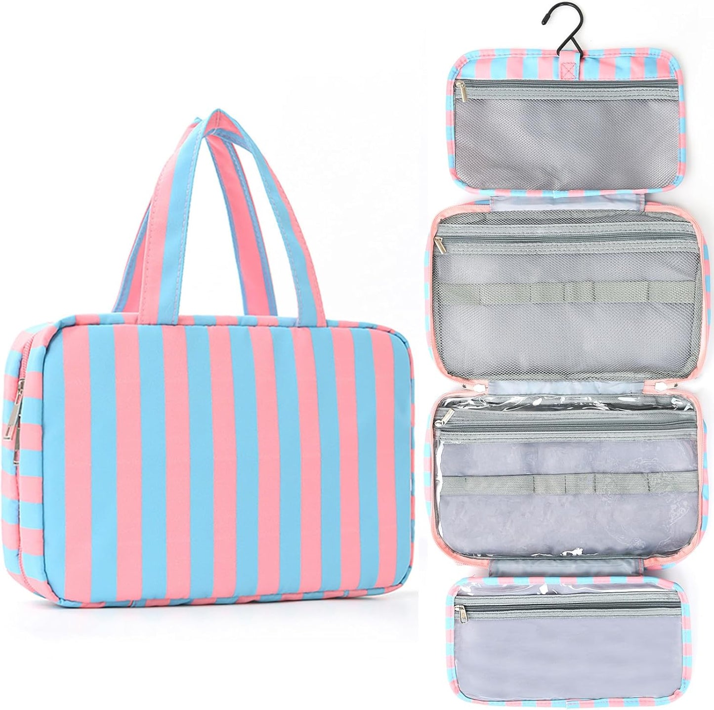 Toiletry Bag for Women Travel Water-resistant Cosmetic Bag Fashion Stripes Makeup Bag with Hanging Hook Preppy for Store Toiletries Cosmetic Accessories Large Capacity Rose Red