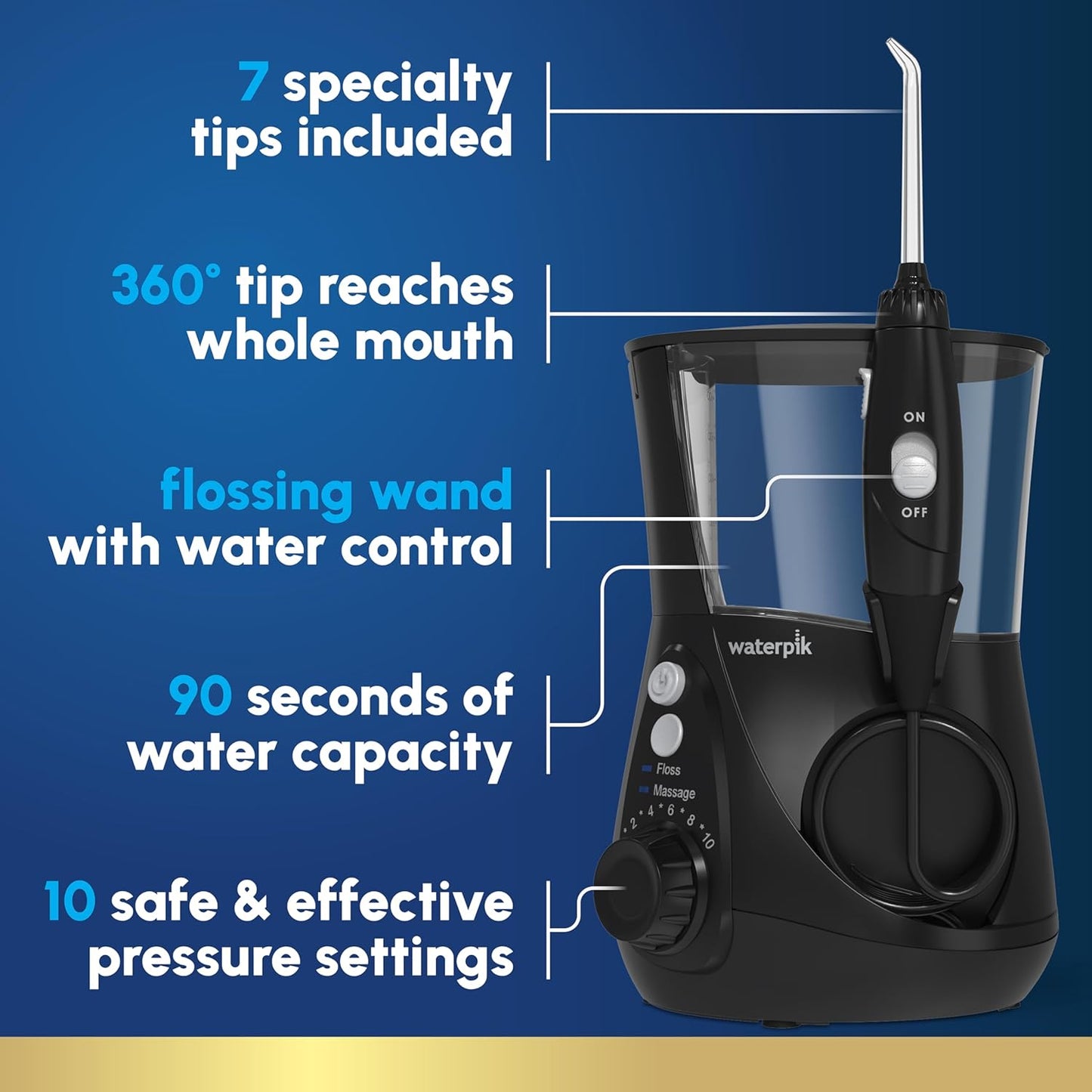 Waterpik Aquarius Water Flosser For Teeth Cleaning, Gums, Braces, Dental Care, Electric Power With 10 Settings, 7 Tips For Multiple Users And Needs, ADA Accepted, Black WP-662, Packaging May Vary