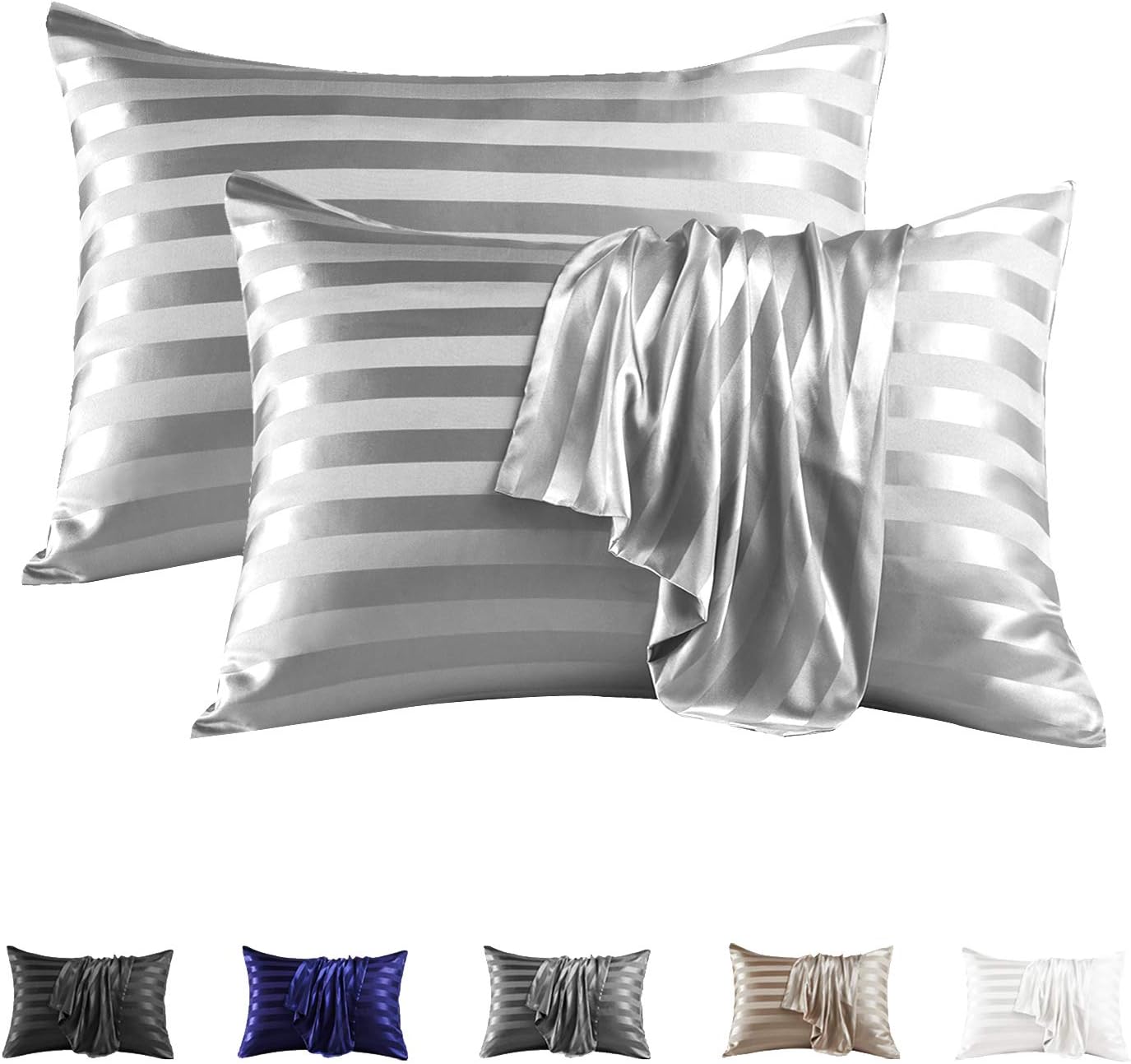 MR&HM Satin Pillowcase for Hair and Skin, Silk Satin Pillowcase 2 Pack, Queen Size Pillow Cases Set of 2, Silky Pillow Cover with Envelope Closure (20x30, Silver Grey Striped)