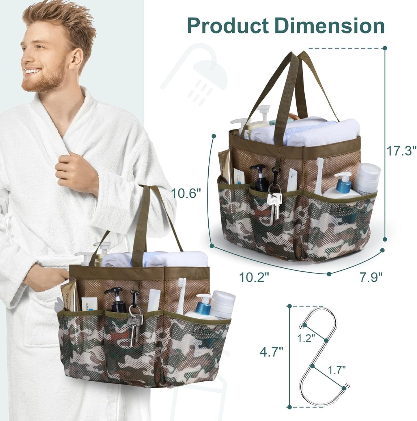 F-color Shower Caddy Portable - Mesh Shower Bag Basket Tote for College Dorm Room Essentials Bathroom Gym Camp Quick Dry for Women Men with S Hook, Brown Camouflage