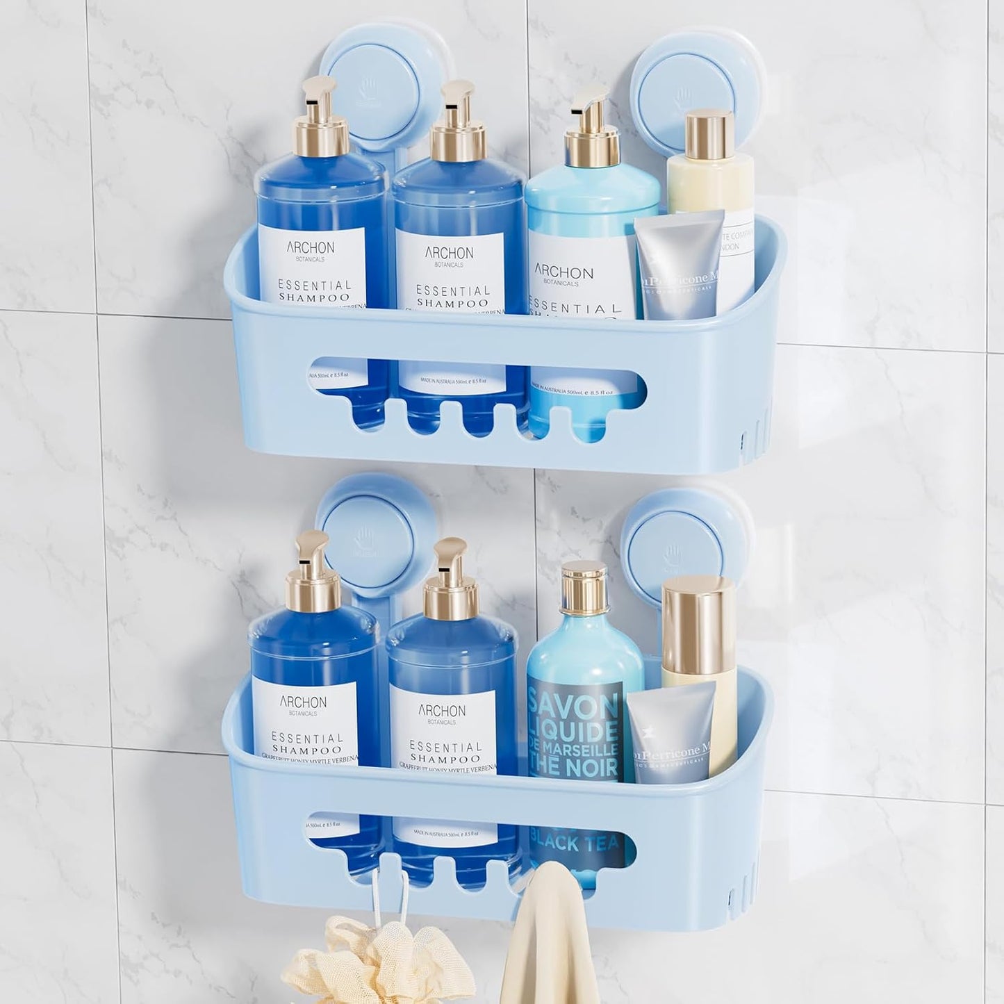 LEVERLOC Shower Caddy Suction Cup 2 Pack, Shower Organizer Removable Bathroom Shelf, Storage Suction Powerful Max Hold 22lbs Bathroom Caddy Waterproof Holder, Blue