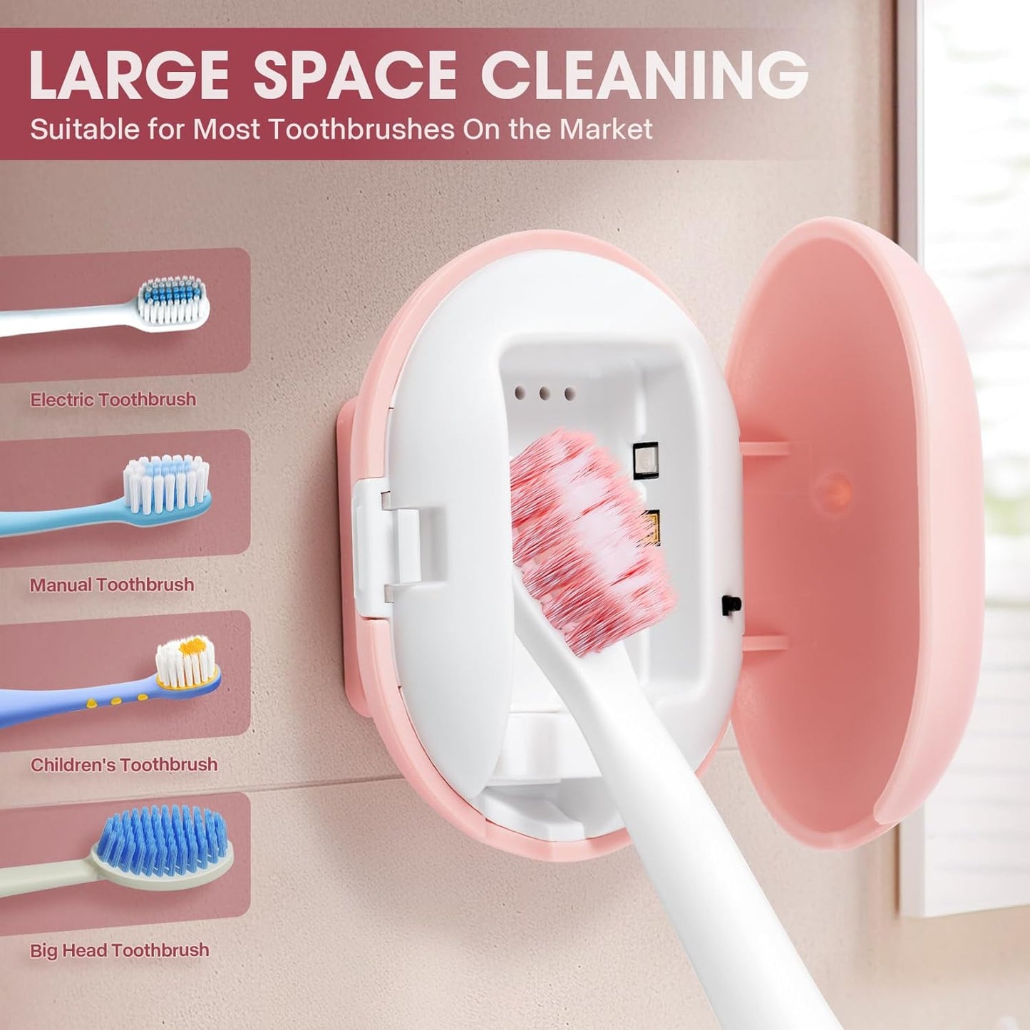 Toothbrush Sterilizer, Travel Toothbrush Covers Case with Holder, Portable USB Charging Toothbrush Cleaner Case with Blue Light (Pink)