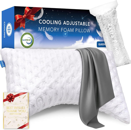 Cooling Side Sleeper Pillow for Neck and Shoulder Pain, Luxury Shredded Memory Foam Curved Bed Pillows for Sleeping Set of 1- Adjustable Queen Size- Washable Cover Crescent White&Extra Grey Pillowcase