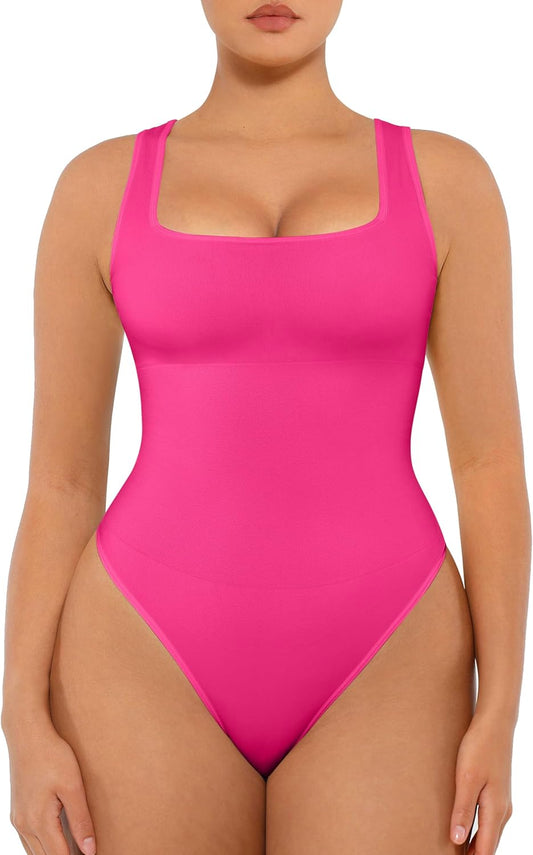 FeelinGirl Bodysuits for Women Seamless Square Neck Tummy Control Compression Thong Shapewear Bodysuit Tank Tops Bodysuit