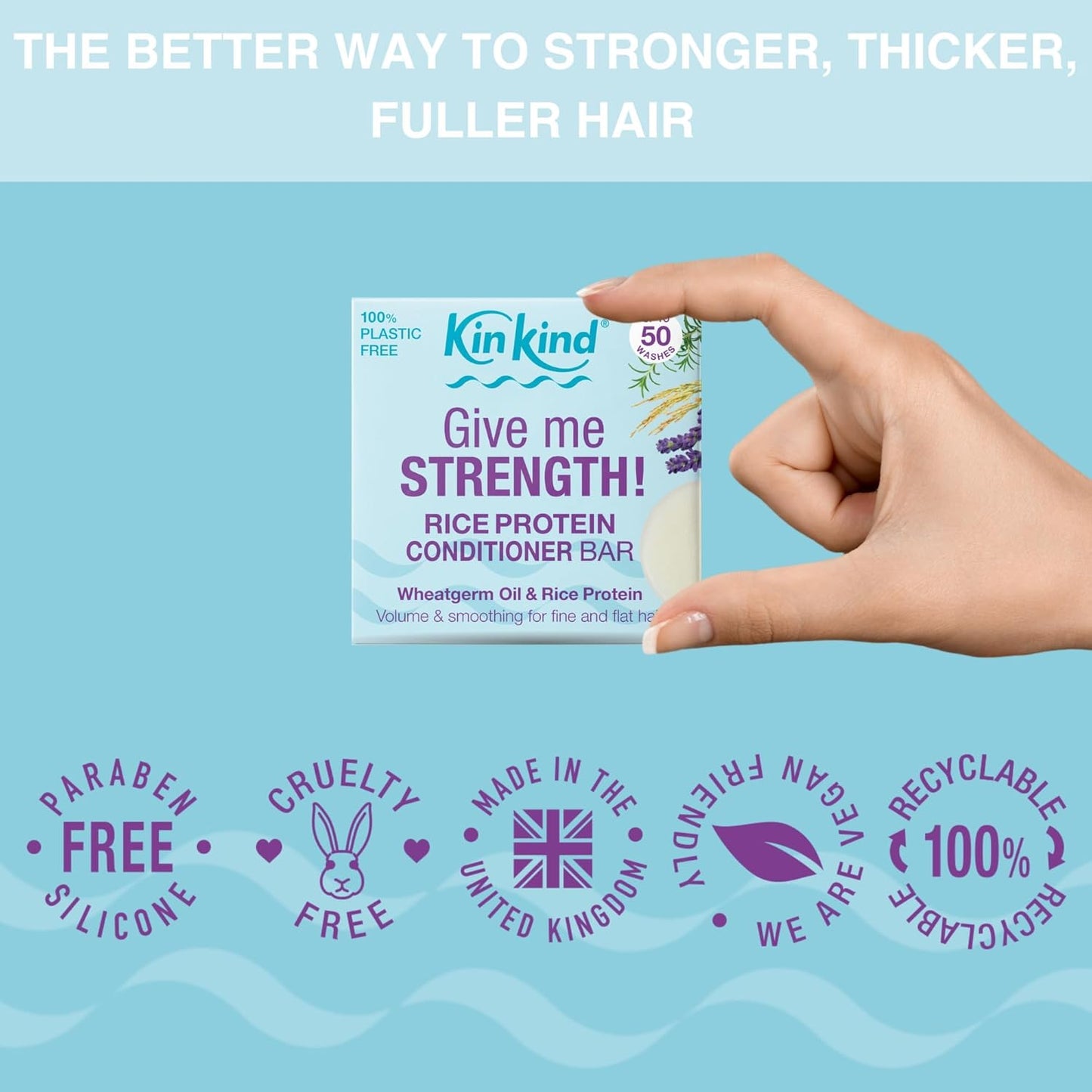 KinKind Rice Water Hair Conditioner Bar - Give Me STRENGTH! Hair Thickening, Volumising, Strengthening Conditioner Bar for hair with Rice Protein for Thinning hair | UK Made | 50 Washes