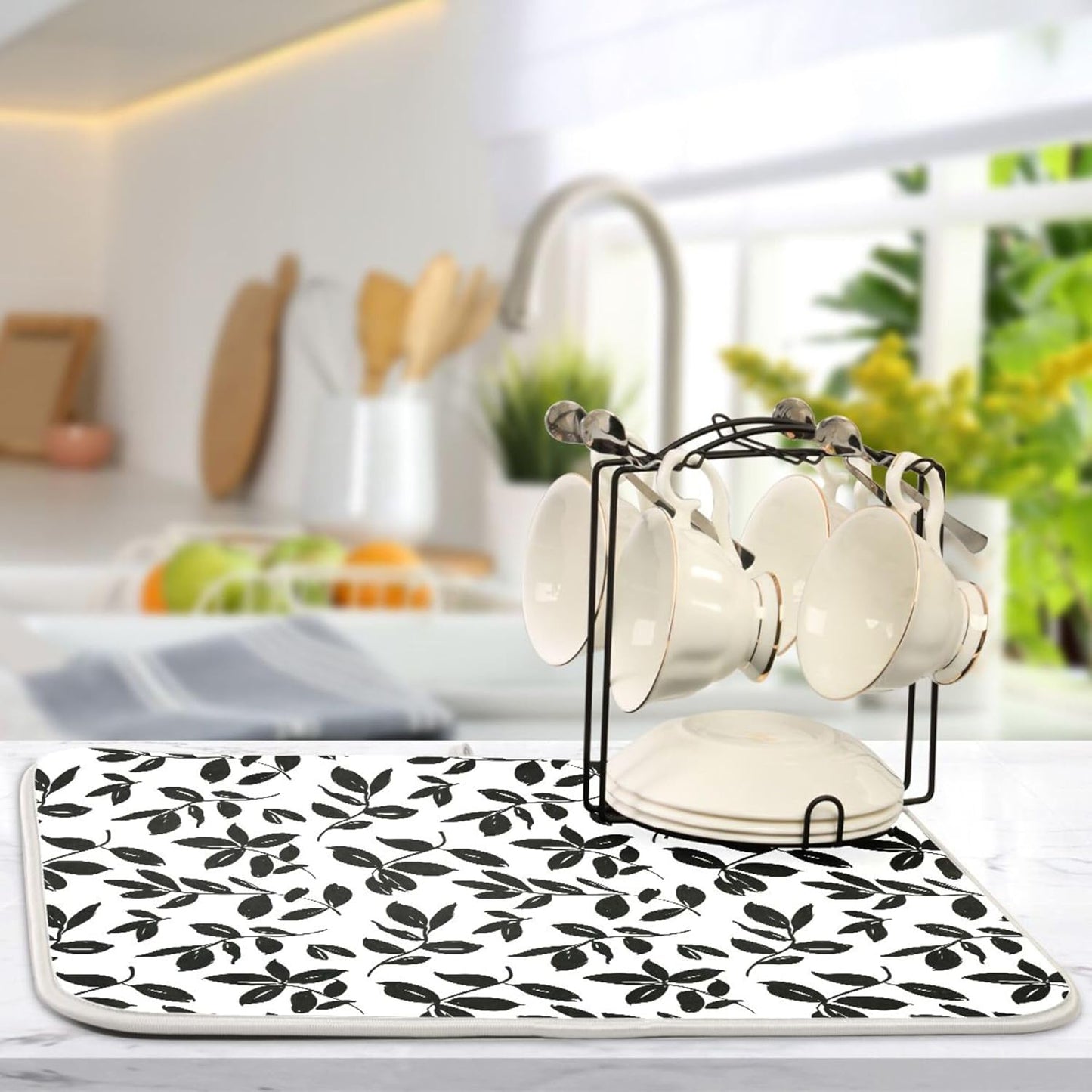 Eucalyptus Leaves Dish Drying Mat for Kitchen Countertop 18x24 Black White Floral Leaf Large Drying Mat Reusable Quick Dry Dish Sink Absorbent Mats Dishwasher Easy Clean Decorative Home Essentials