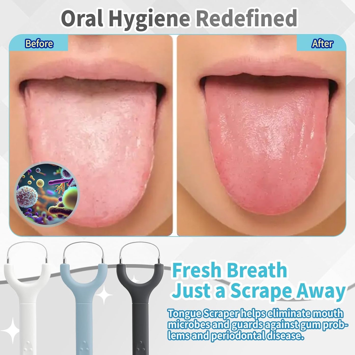 3-Pack Colorful Tongue Scraper for Adults, Stainless Steel, Metal Tongue Brush for Bad Breath, Oral Hygiene Tool, Easy to Use & Portable