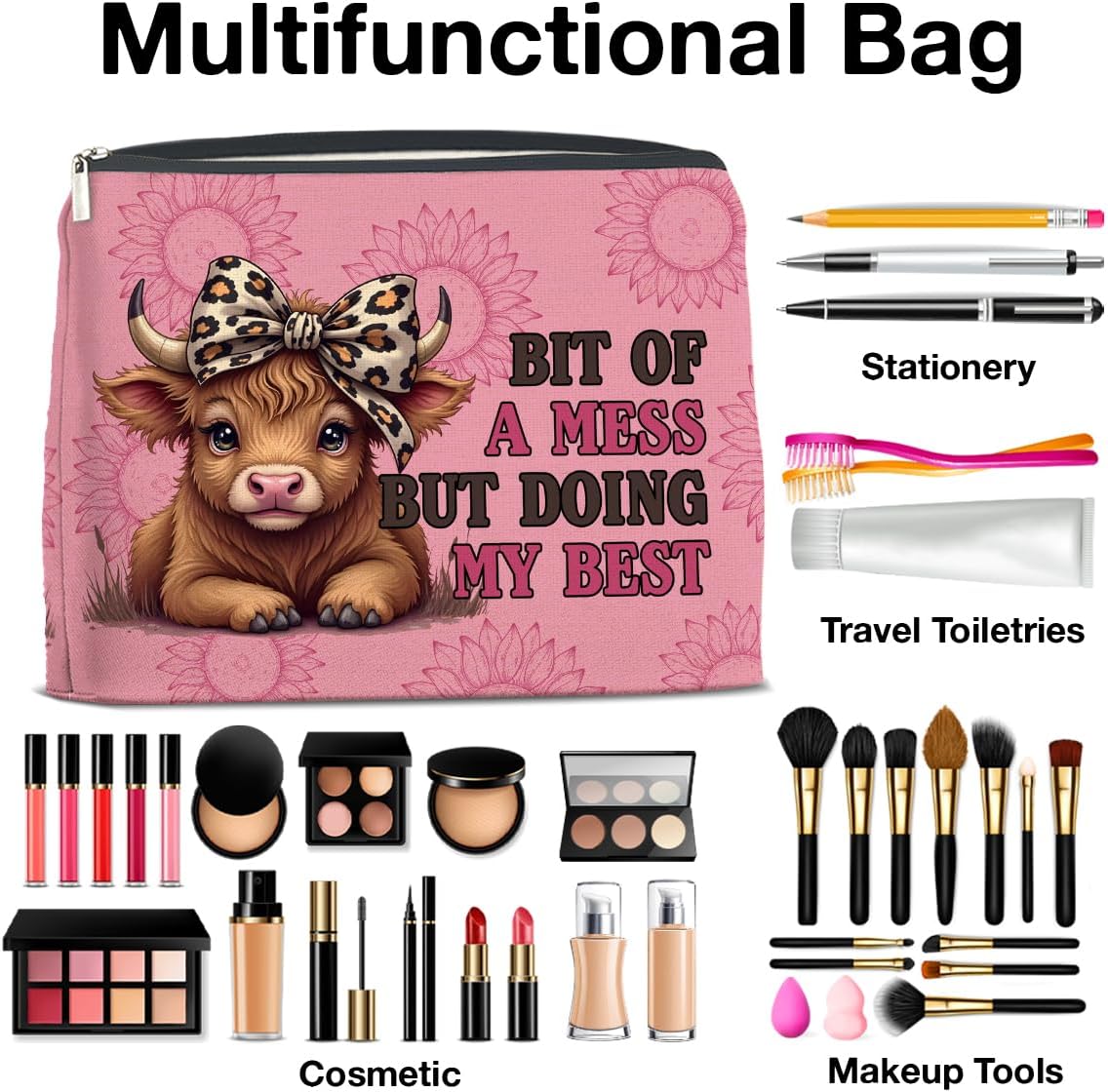 Inspirational Highland Cow Makeup Bag Gifts for Women Wild West Enthusiasts Pink Highland Cow Cosmetic Bag Zipper Pouch