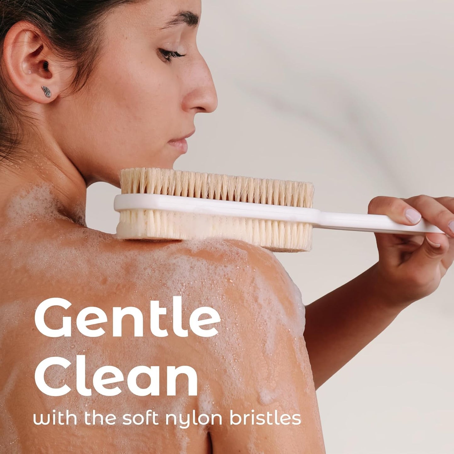 MainBasics Back Scrubber for Shower – Long Handle Dual-Sided Brush for Body Wash & Scrubbing with Exfoliating & Soft Bristles (White, Plastic)