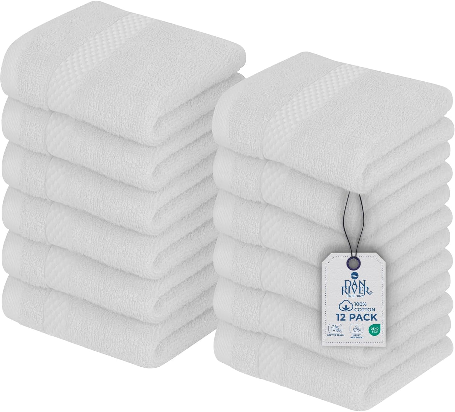 DAN RIVER 12-Pack Premium 100% Cotton White Face Towels – Reusable Face Towel Set, Soft & Absorbent Wash Cloths for Bathroom & Body – Hand and Face Towels, 550 GSM (12x12 in)
