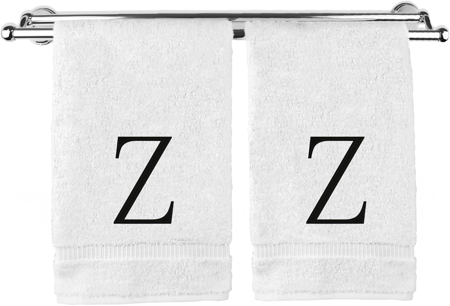 Monogrammed Hand Towel, Personalized Initial Gift, Extra Absorbent 100% Turkish Cotton - Soft Terry Finish - Set of 2 - Black Block Initial Z - Embroidered on White Towels