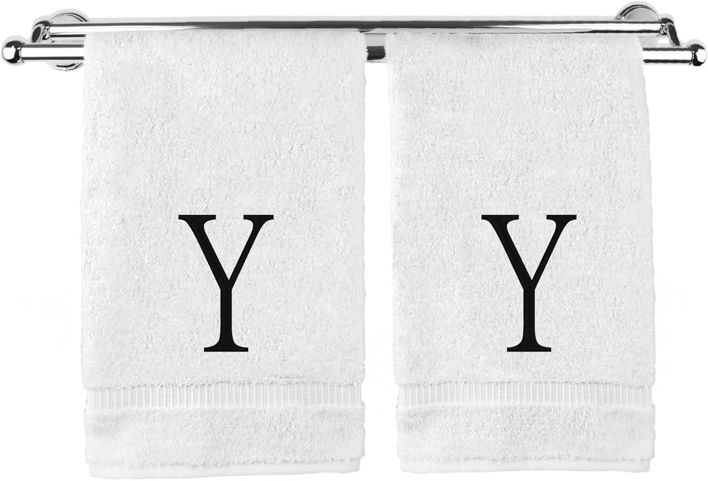 Monogrammed Hand Towel, Personalized Initial Gift, Extra Absorbent 100% Turkish Cotton - Soft Terry Finish - Set of 2 - Black Block Initial Y - Embroidered on White Towels