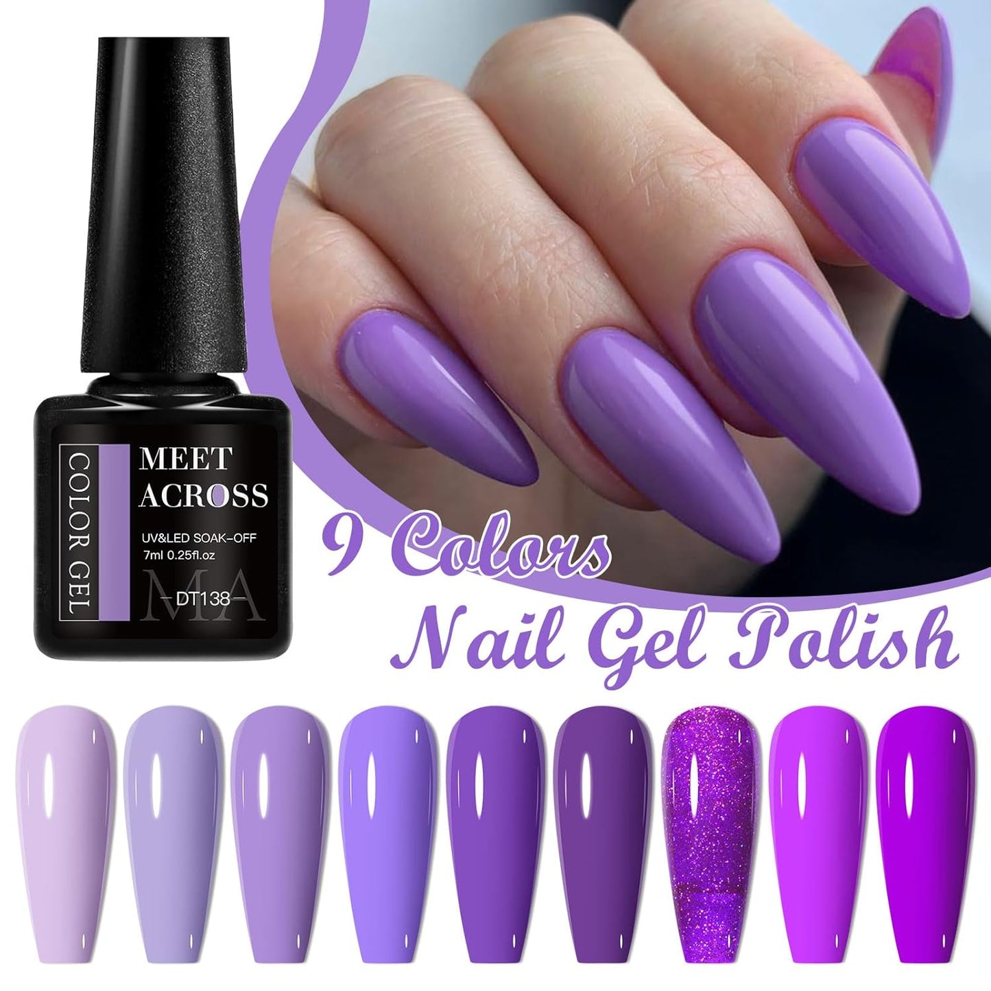 MEET ACROSS 9 Colors Gel Nail Polish + 3PCS Function Gel Nail Polish Kit,Fashion Nail Art Set Design Gifts for Women Manicure Salon (SET10, 12pcs)