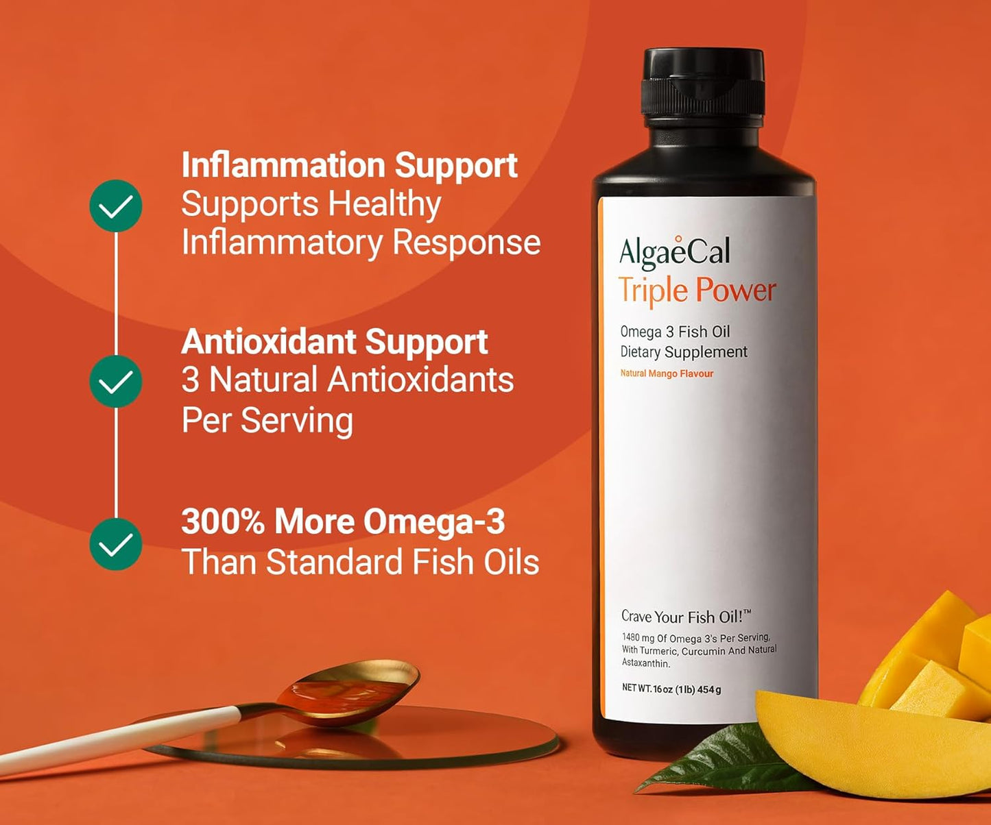 ALGAECAL Triple Power 1200mg EPA & DHA Omega 3 Fish Oil Supplement, Supporting Brain, Heart, Skin & Bones, Liquid Emulsion Mango Taste, Burp-Less, Sugar-Free, Made in USA