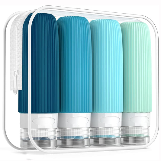 Travel Bottles for Toiletries, Tsa Approved 3oz Portable Travel Bottles, BPA Free Leak Proof Squeezable Silicone Travel Size Containers, Travel Accessories with Clear Toiletry Bag (4 Pack)
