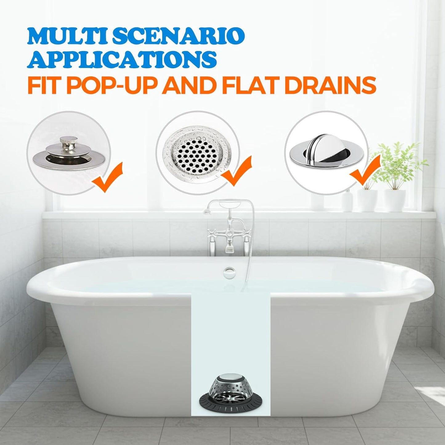 zaa Drain Hair Catcher - Bathtub Drain Cover, Hair Stopper for Bathtub Drain, 304 Stainless Steel Drain Protector and Hair Trap for Flat & Pop-up Drains, Silver Black