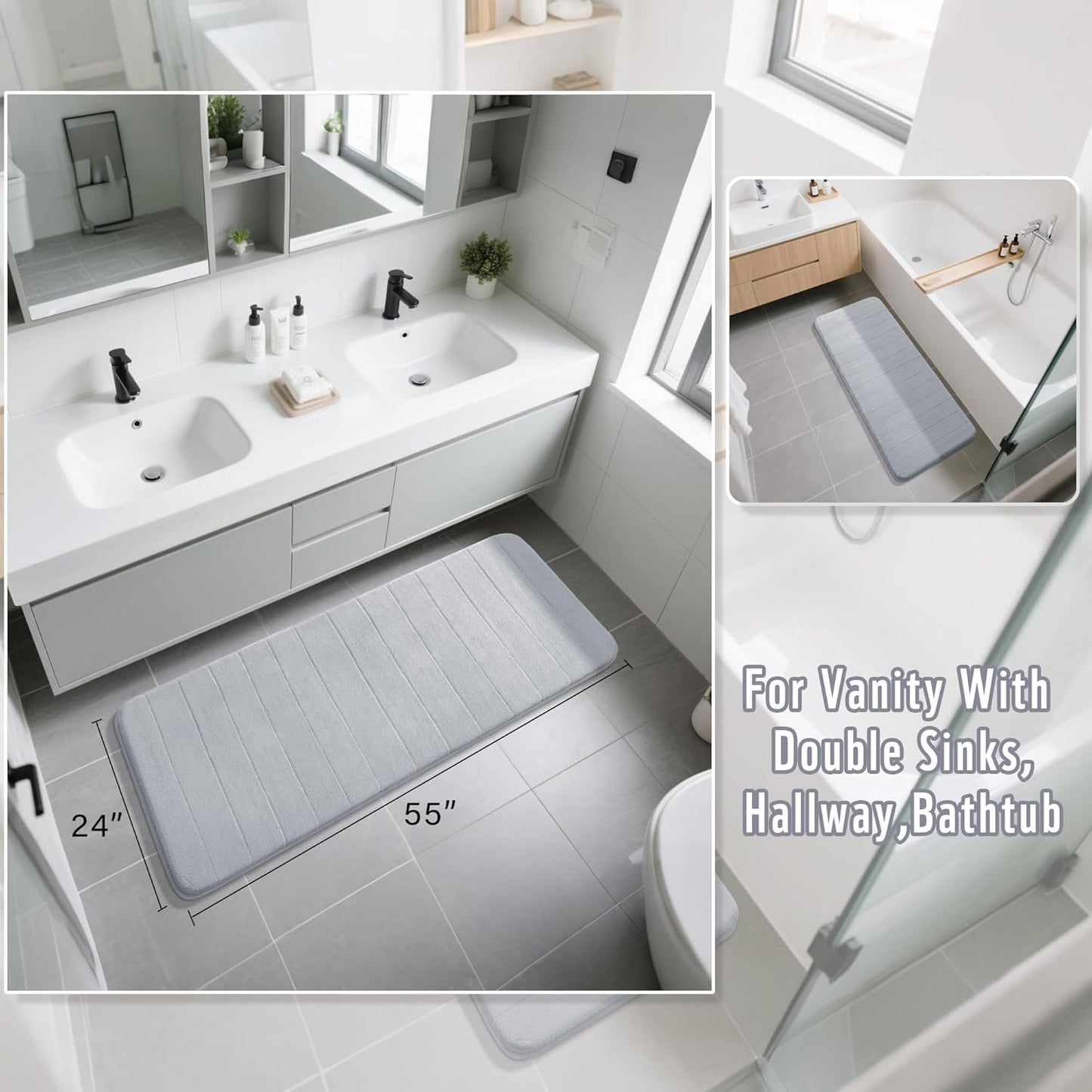 Yimobra Bathroom Runner 55"x24", Non Slip Memory Foam Bath Mat, Super Soft Water Absorbent Hallway Carpet, Machine Washable Rug for Vanity Tub Shower, Silver