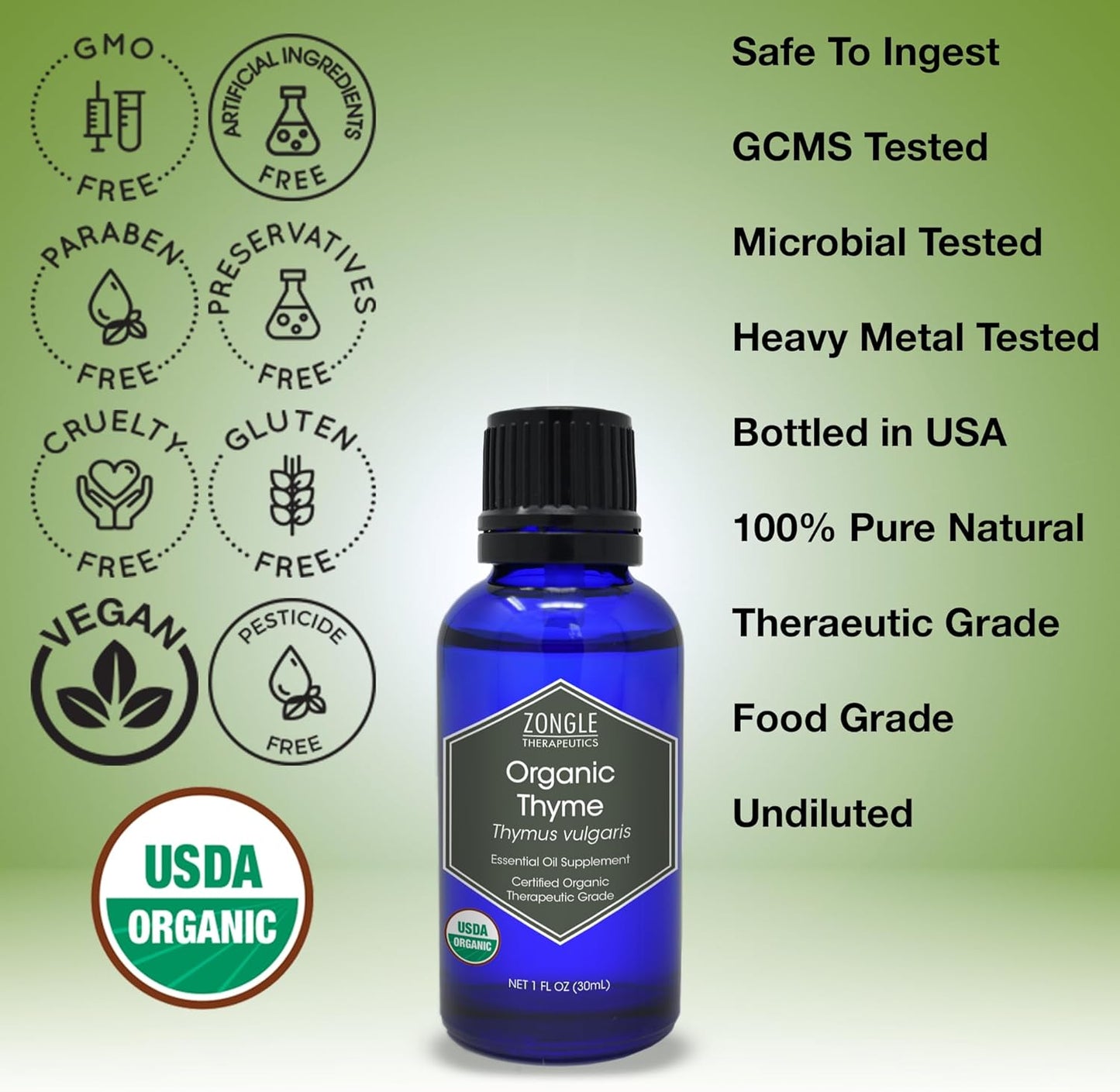 Organic, Thyme Essential Oil, Food Grade – 100% Pure, Thyme Oil, by Zongle Therapeutics, 1 OZ