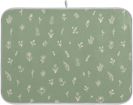 Sage Green Dish Drying Mat Quick Absorbent 18x24 Doodled Botany Flowers Leaves Herbs Plants Kitchen Drying Mat for Countertop Sink Reusable Dishes Mats Kitchen Essentials