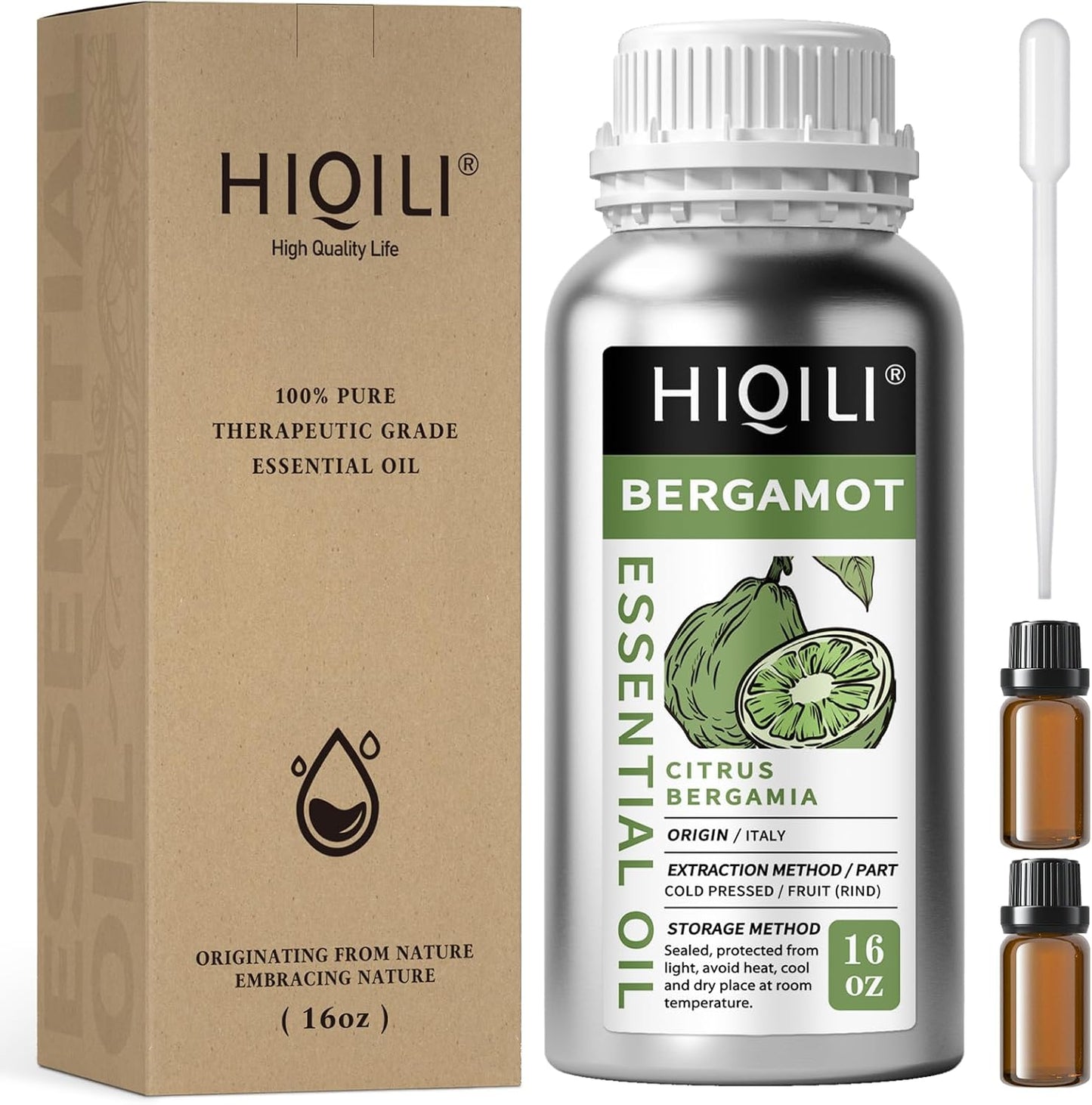 HIQILI Bergamot Essential Oil for Diffuser, Skin, Hair, DIY, 100% Pure & Natural - 16 Fl Oz (500 mL)