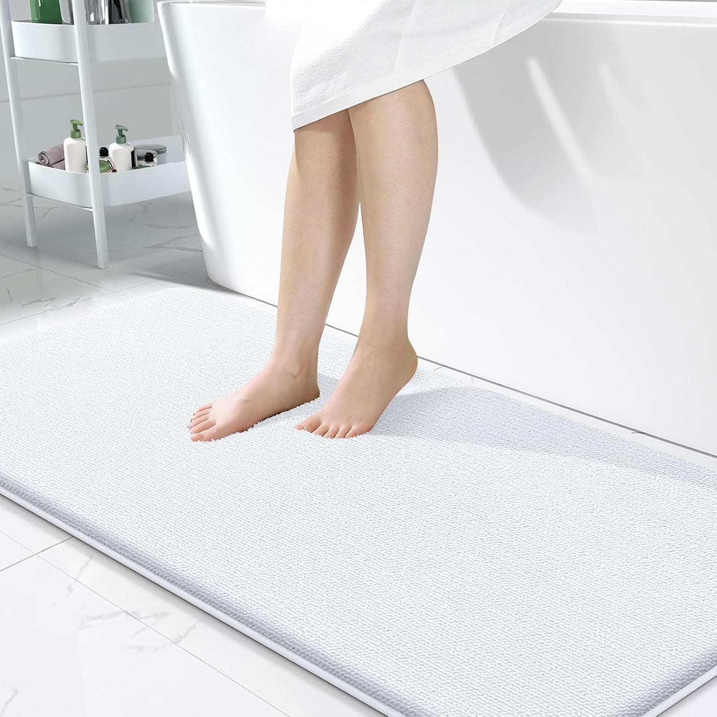 OLANLY Thick Memory Foam Bath Mat Rug 47x24, Extra Soft Absorbent Bathroom Rug, Quick Dry Bath Mats, Non-Slip, Machine Washable Carpet for Bathroom, Tub and Shower, Home Decor Accessories, White