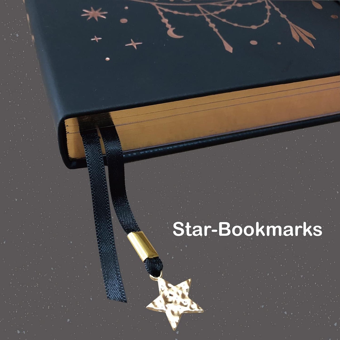 BUKE Medium A5 Hardcover Notebook Dotted Journal - 180Gsm Thick Bamboo Paper - 160 Dot Grid Pages 5x5 MM - Black Color Faux PU Leather Cover - Rose Gold Edge And Moons (A5, Black)