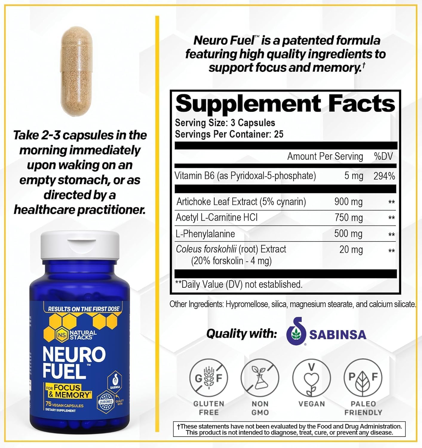 NATURAL STACKS NeuroFuel Nootropic Brain Support Supplement - 750mg L-Carnitine & 500mg L-Phenylalanine - Brain Supplement for Memory and Focus* - 75 Focus Pills