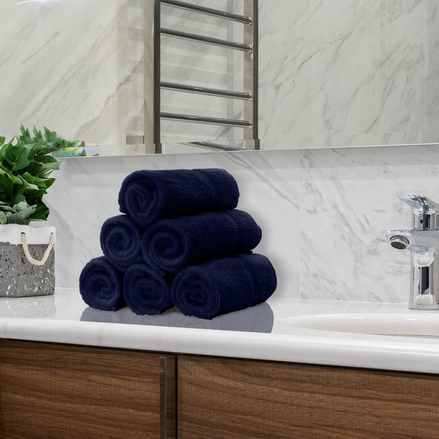 Monogrammed Hand Towel, Personalized Initial Gift, Extra Absorbent 100% Turkish Cotton - Soft Terry Finish - Set of 2 - White Block Initial J - Embroidered on Navy Blue Towels