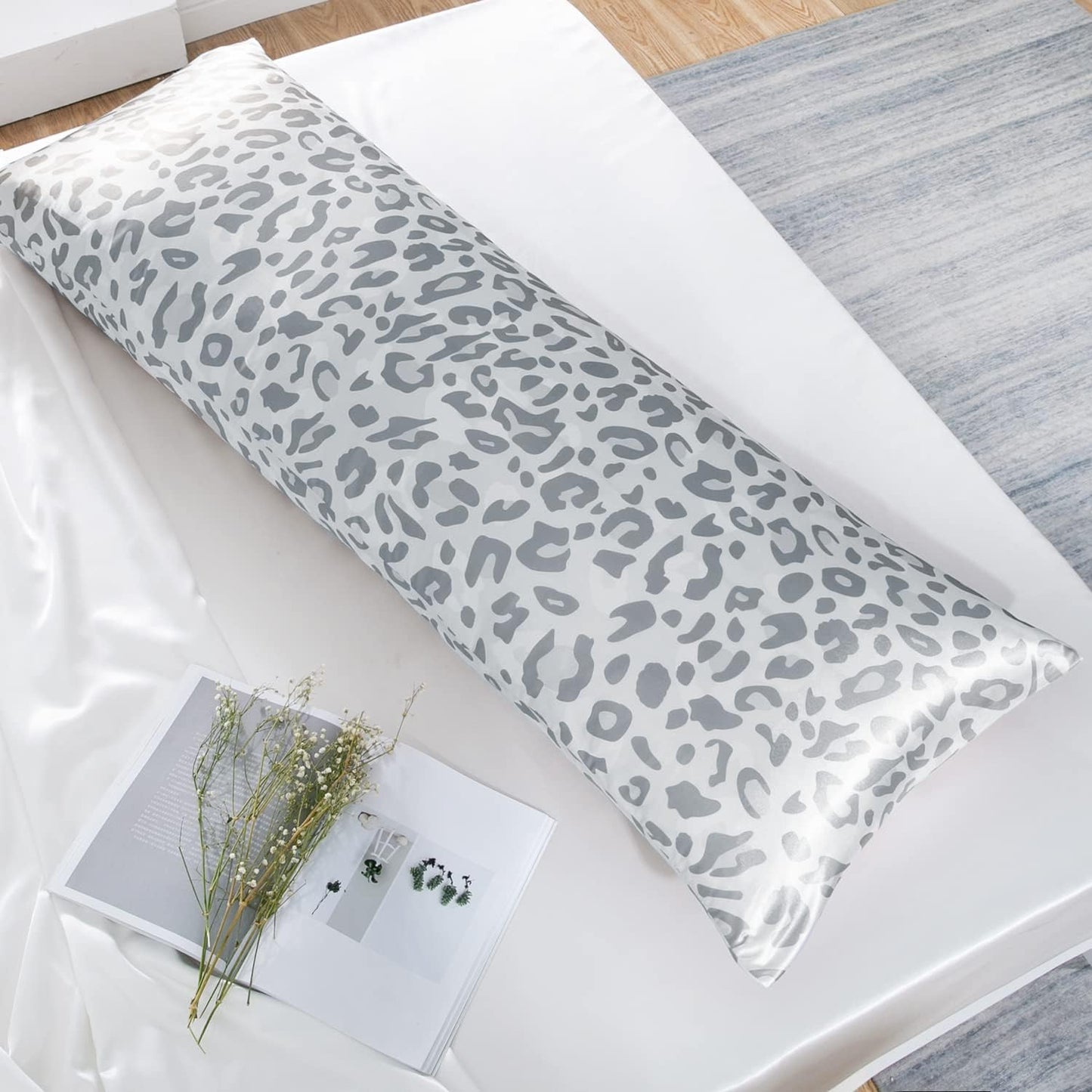 MR&HM Satin Body Pillow Cover, Soft and Breathable Body Pillow Case with Envelope Closure, Cooling and Silky Long Pillowcase for Hair and Skin,Grey (20x54, Silver Leopard)